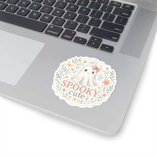 Spooky Cute ghost sticker on laptop – pastel aesthetic Halloween vinyl decal, perfect for cozy fall vibes, journaling, and creative desk setups.