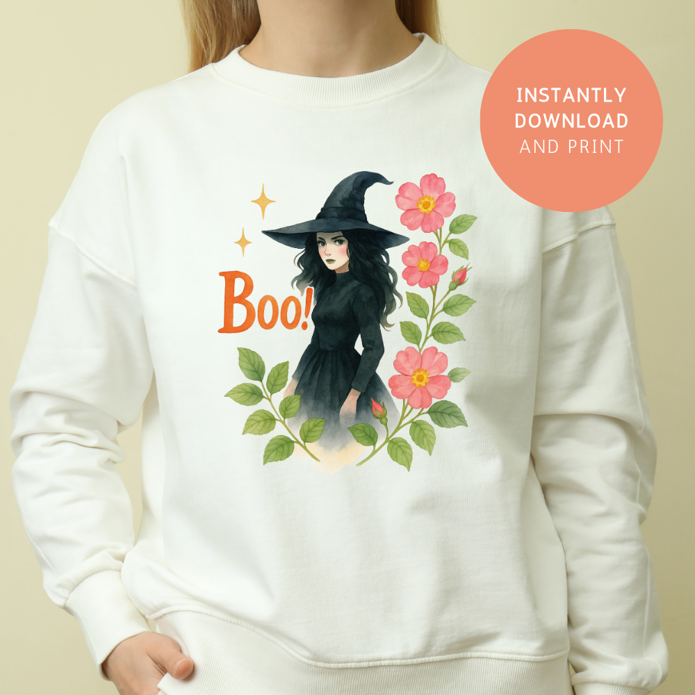 Halloween Witch with Flowers & “Boo!” – PNG Printable