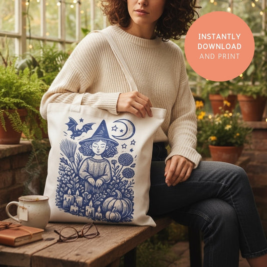 Tote bag with printable Halloween witch design – cozy spooky season PNG art with pumpkins, bats, and stars.