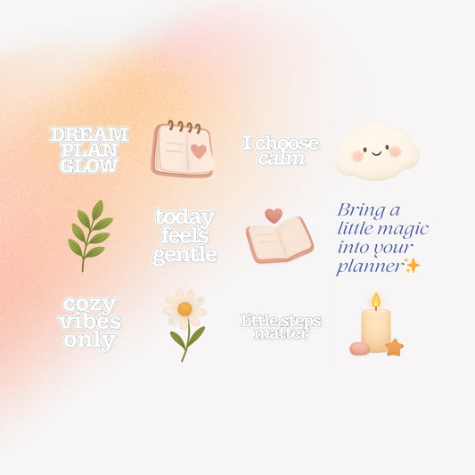 Preview of Cozy Glow Mini Stickers — 6 cozy digital illustrations and 5 affirmation word-stickers such as 'dream plan glow', 'I choose calm', and 'cozy vibes only', designed in a soft, dreamy aesthetic. Compatible with GoodNotes, Notability, and any PNG-friendly app.