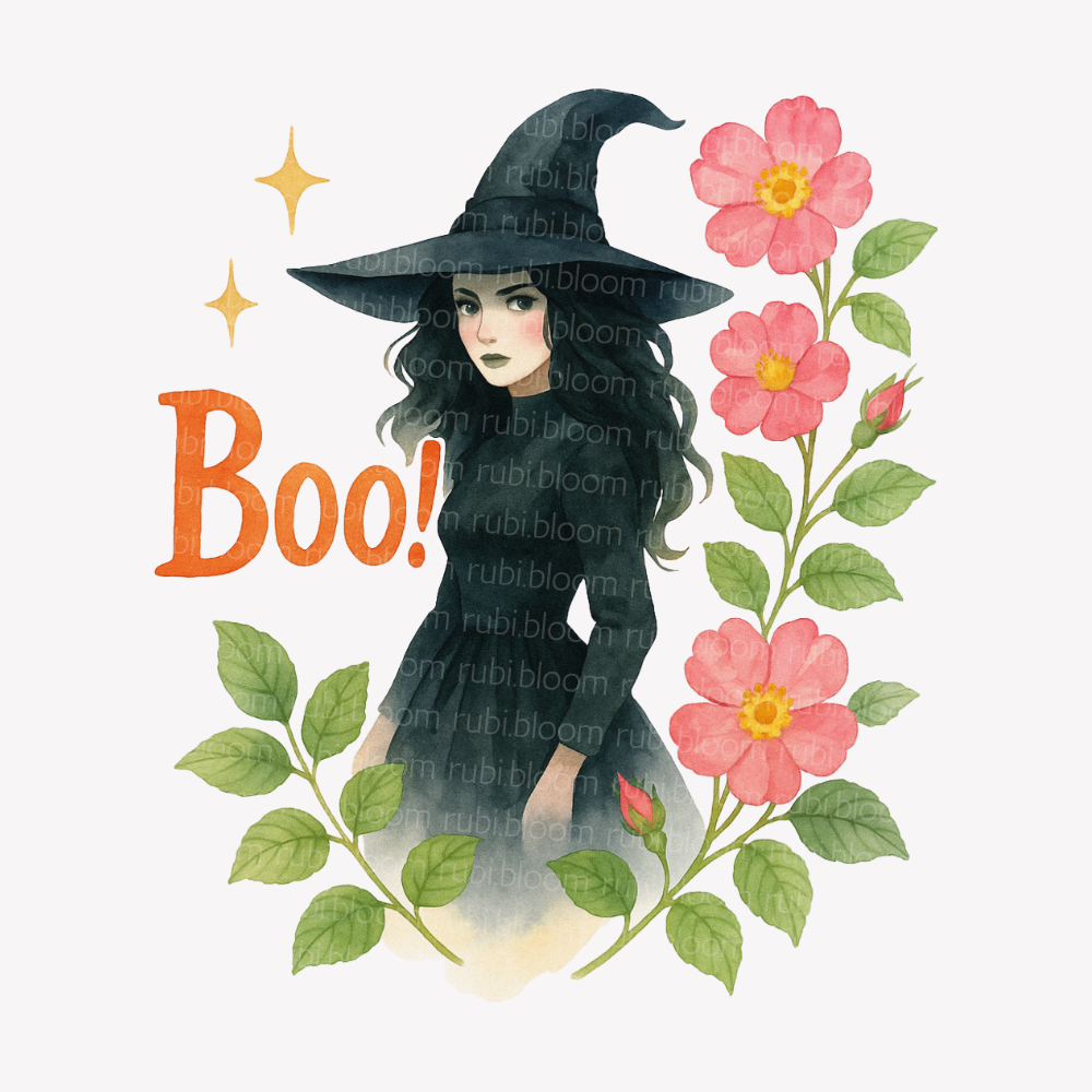 Halloween Witch with Flowers & “Boo!” – PNG Printable