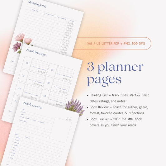 Printable reading tracker and book review journal pages, digital reading journal template for book lovers, 2025 reading journal design