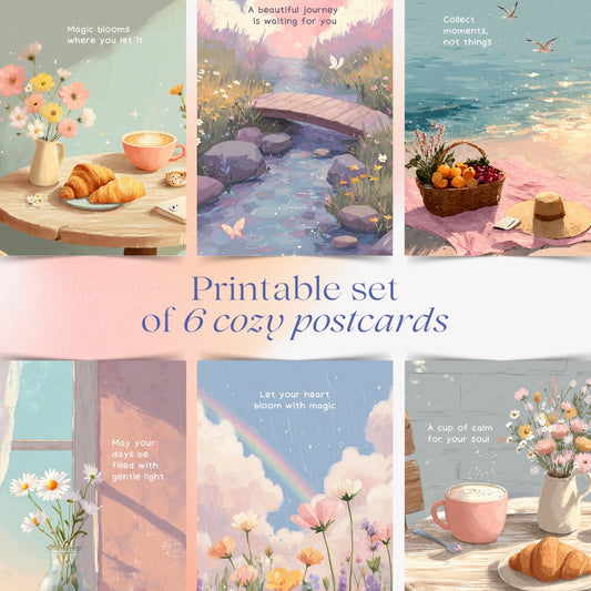 Set of 6 printable postcards – cozy pastel illustrations with inspirational quotes, instant download art cards for digital printing, journaling, scrapbooking, wall decor, and gifts.