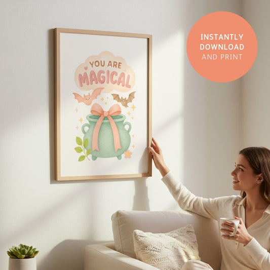 Printable Halloween wall art – “You Are Magical” PNG with pastel cauldron, bats, and stars. Cozy seasonal home decor, instant download.