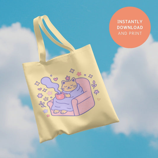 Cozy Cat with Coffee | Dreamy Printable PNG & SVG Illustration