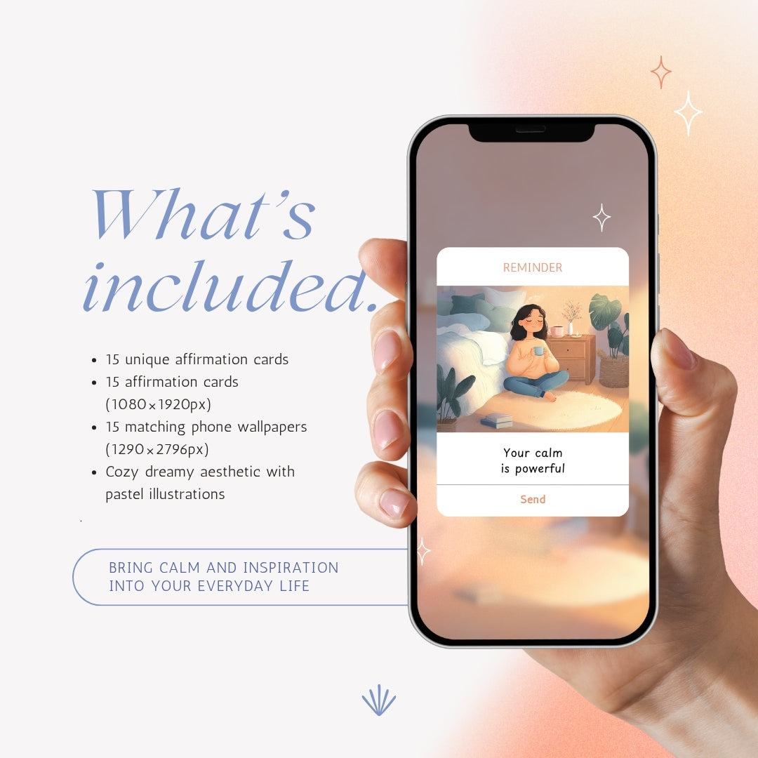 Set of 15 digital self-care affirmation cards – includes affirmation quotes and cozy wallpapers in pastel dreamy style, perfect for daily inspiration.
