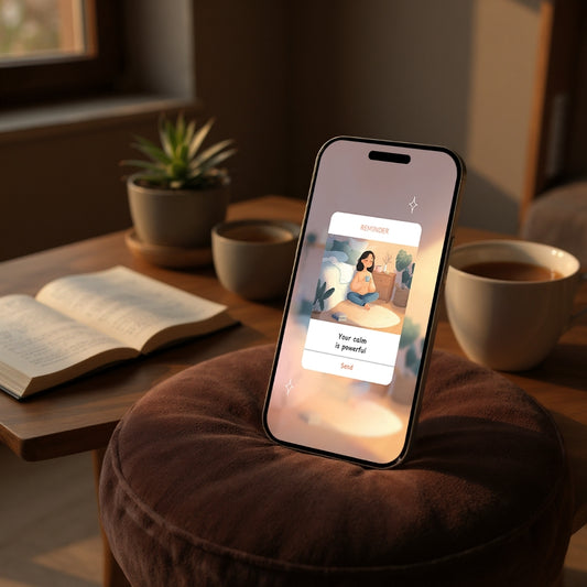 Digital affirmation card on iPhone screen – self-care gentle reminder with cozy atmosphere, warm light, coffee and book in autumn setting