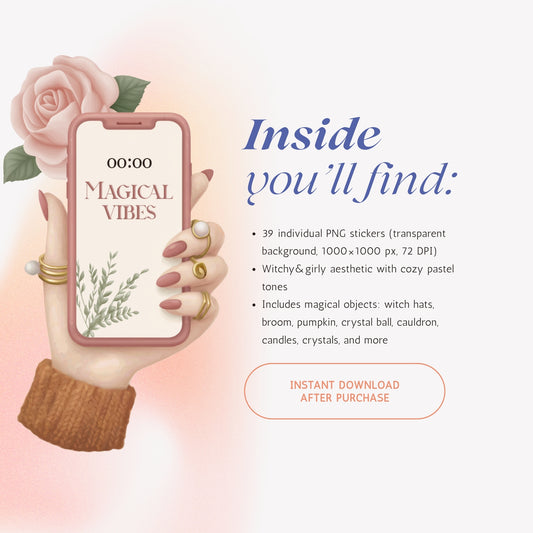 Inside Witchy Casual Halloween Sticker Pack – 39 esoteric PNG stickers with autumn pumpkins, cauldron, crystals, and mystical witchy vibes.