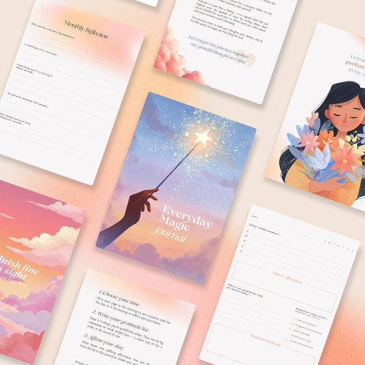Digital Mindful Journal with undated daily pages, affirmations, and reflection prompts. Illustrated with dreamy aesthetic designs, this journal inspires positivity and gratitude every day. Great for women who love self-care, journaling, and slow mornings. Use it as a printable planner or digital notebook for mindfulness.