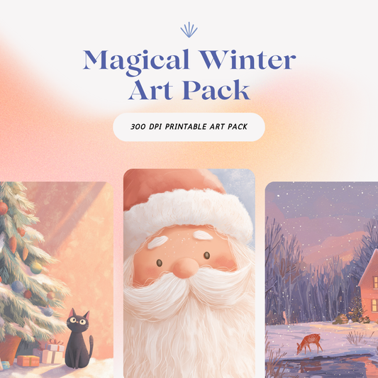 Magical Winter Art Pack by RubiBloom, dreamy Christmas printable posters in soft pastel tones, Santa Claus and snowy forest scenes, high-resolution 300 DPI A4 prints.