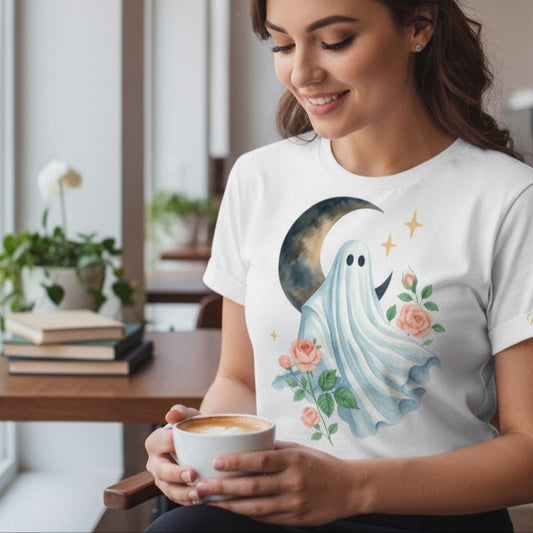 Spooky Ghost with Moon & Roses – Halloween PNG Printable