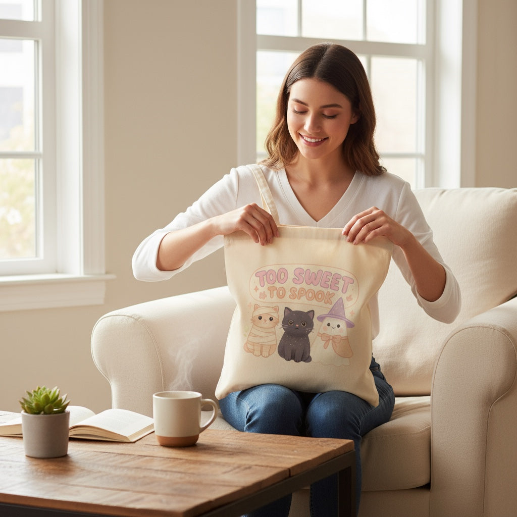 Tote bag mockup with Too Sweet to Spook PNG – cute pastel Halloween cats and ghost printable illustration for cozy spooky season.
