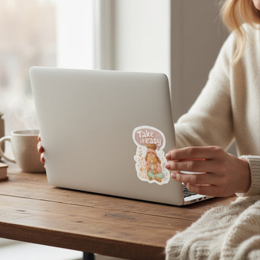 Woman placing “Take It Easy” cozy autumn vinyl sticker with girl and dog design on laptop, lifestyle mockup.