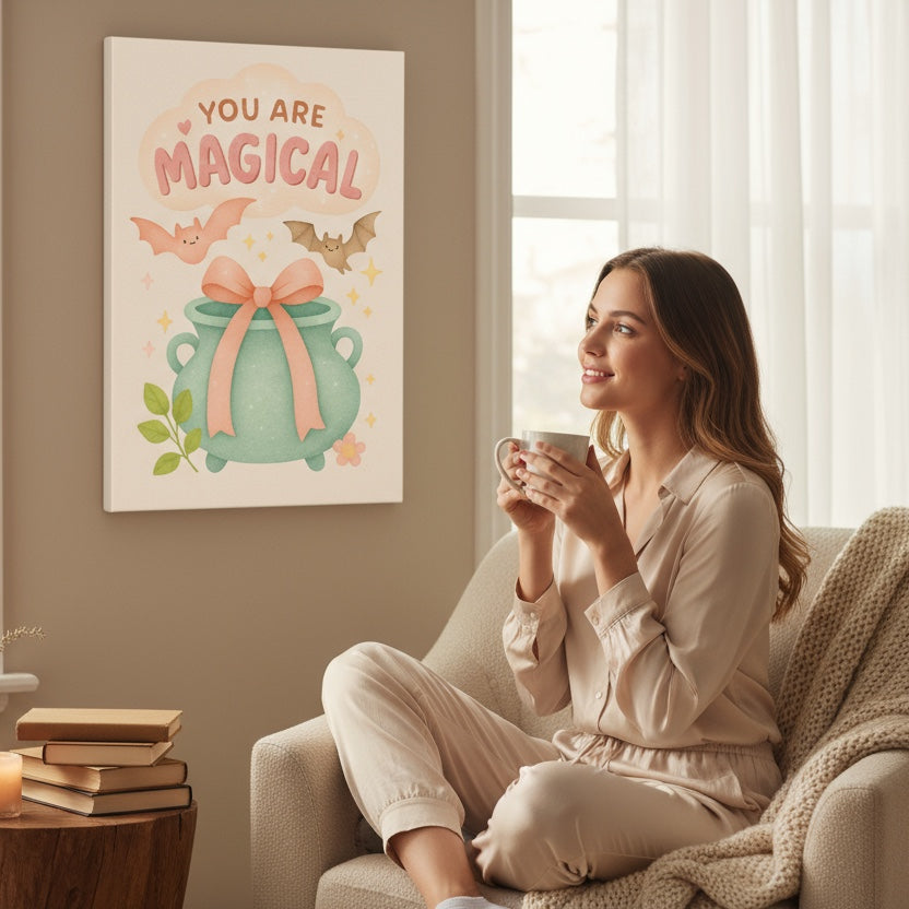 Cozy room wall art mockup with You Are Magical printable PNG – pastel Halloween design for instant download and seasonal decor.