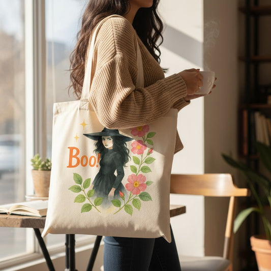 Halloween Witch with Flowers & “Boo!” – PNG Printable