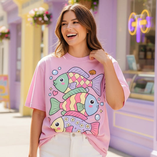 A woman wearing a pink graphic t-shirt with a colorful cartoon fish design, standing on a sunny street in front of a pastel purple shop.