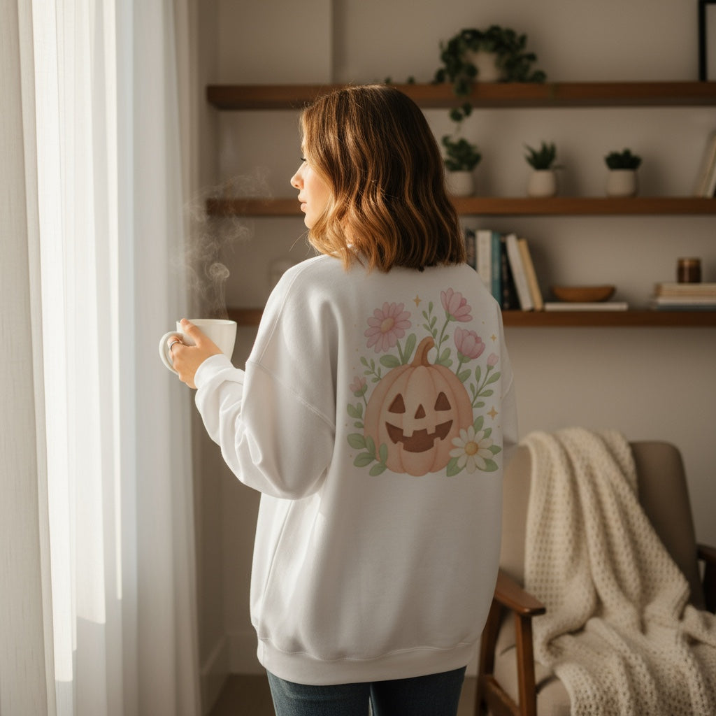 Cozy fall outfit with sweatshirt featuring pastel pumpkin design – printable Halloween PNG for apparel.