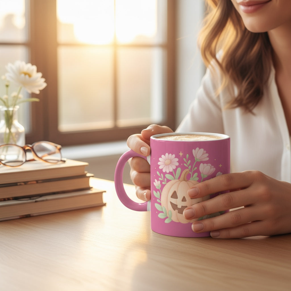 Closeup of pink mug with pumpkin floral Halloween design – printable PNG for sublimation.
