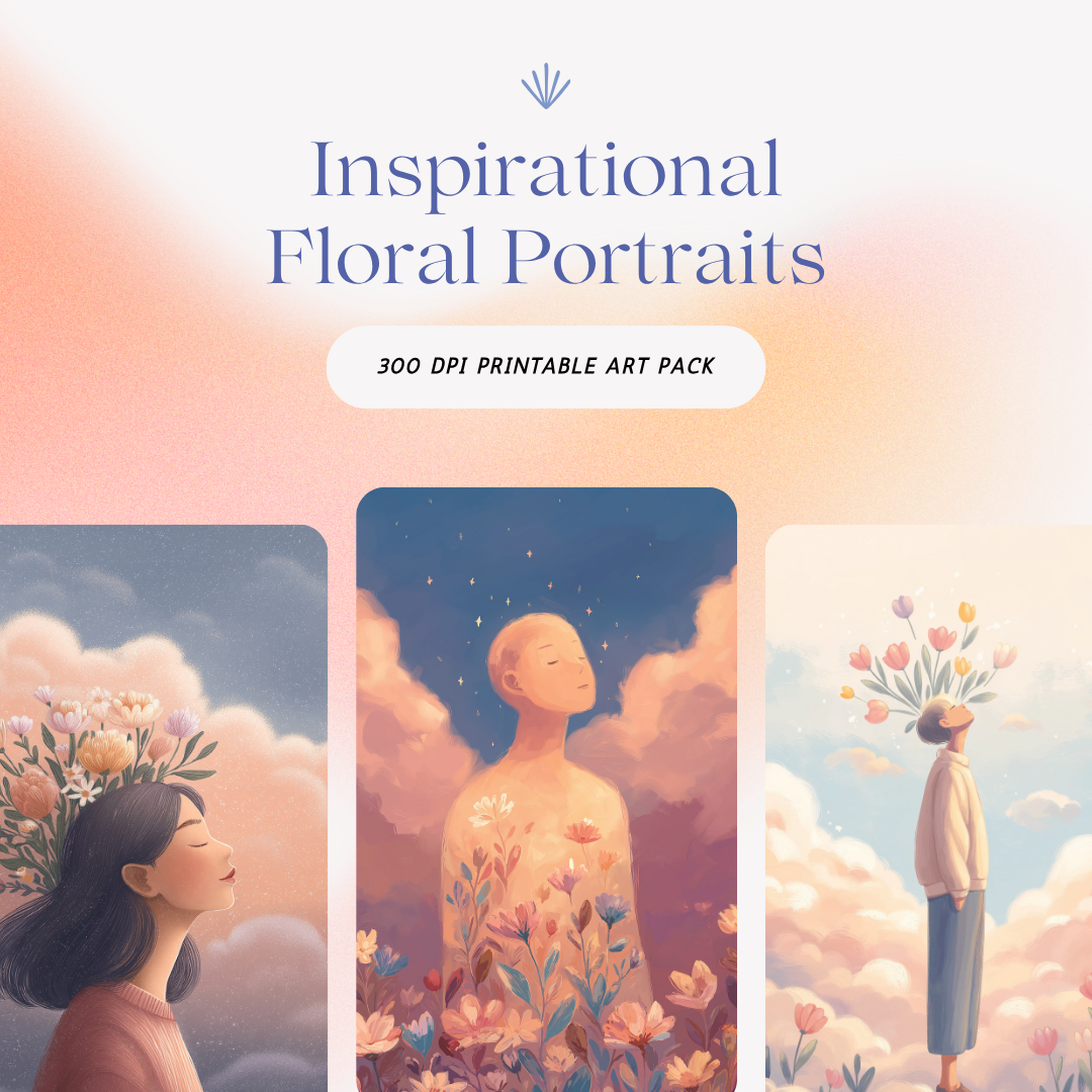 Inspirational floral portrait illustrations, dreamy printable A4 wall art pack, high-resolution 300 DPI files for home decor, journaling or branding, RubiBloom design.