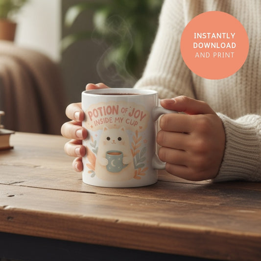 Potion of Joy Cat PNG – Cute Magical Coffee Cup Printable