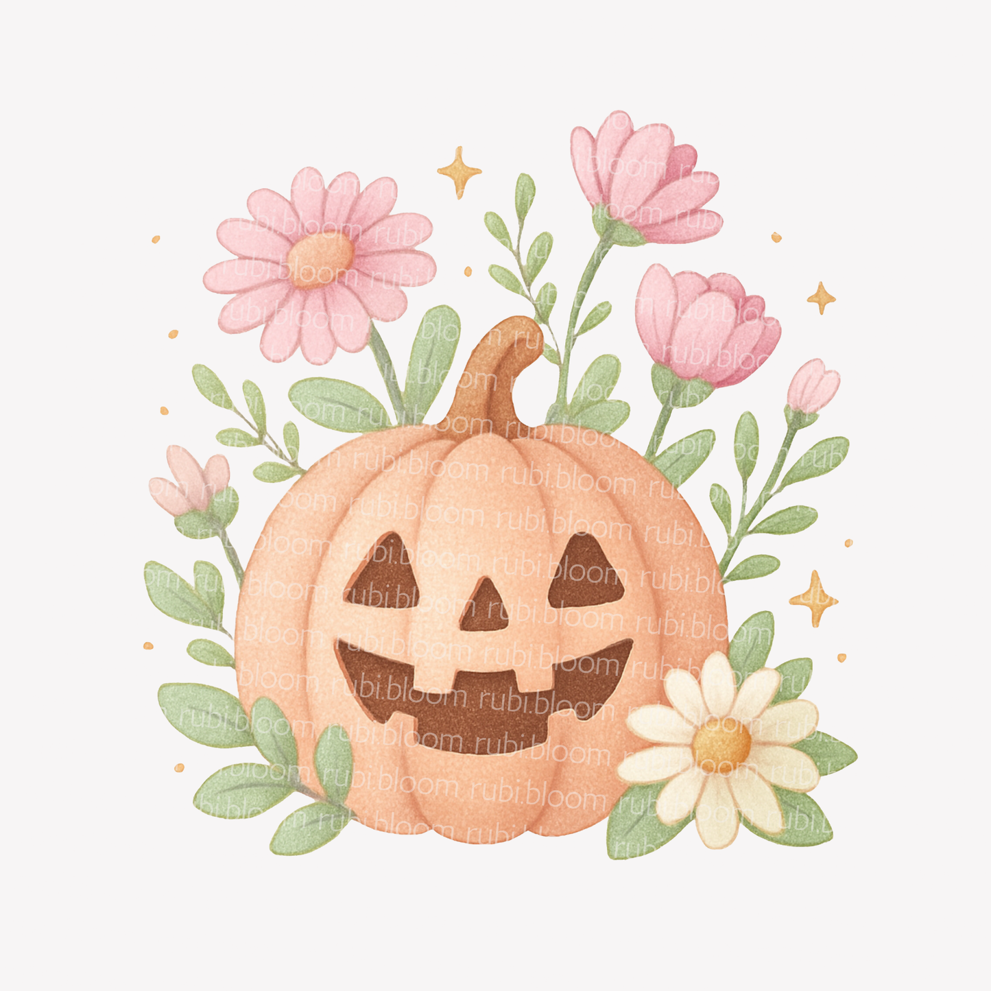 Cute pastel pumpkin illustration with flowers – cozy Halloween printable PNG design.