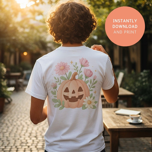 Man wearing white t-shirt with pastel pumpkin floral design – printable Halloween PNG for sublimation projects.