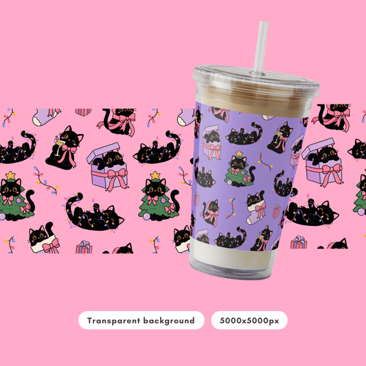 Pink Catmas Club Seamless Pattern PNG