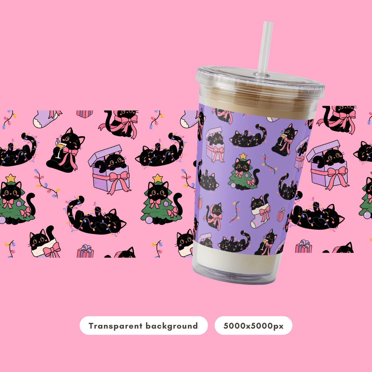 Pink Catmas Club Seamless Pattern PNG