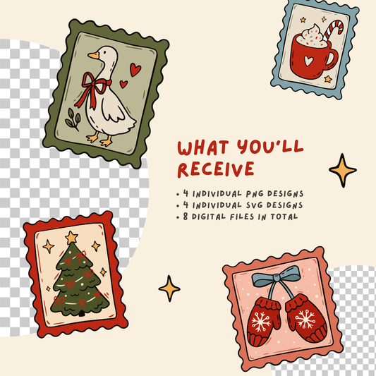 Retro Christmas Postage Stamp SVG PNG Bundle