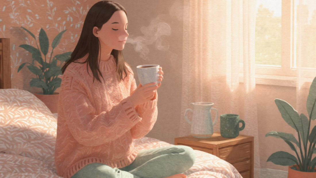 Cozy morning illustration of a woman enjoying her coffee in soft sunlight, symbolizing slow life and peaceful self-care moments.