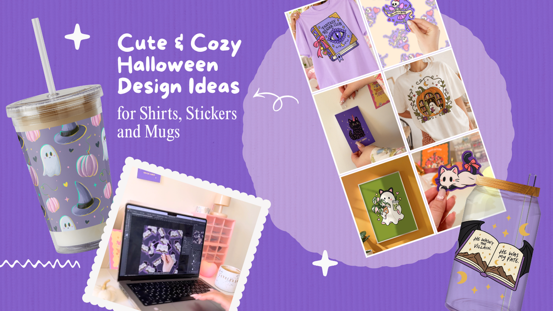 Cute and cozy Halloween design ideas for shirts, stickers and mugs featuring RubiBloom PNG and SVG designs, including ghosts, bookish artwork, Halloween shirts, stickers and seasonal small shop product ideas.