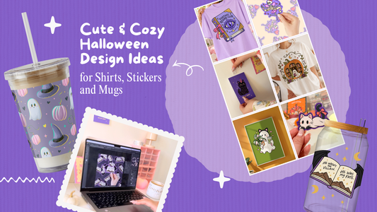 Cute and cozy Halloween design ideas for shirts, stickers and mugs featuring RubiBloom PNG and SVG designs, including ghosts, bookish artwork, Halloween shirts, stickers and seasonal small shop product ideas.