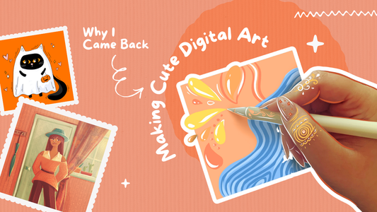 Why I Came Back to Making Cute Digital Art blog cover featuring an artist drawing a colorful floral illustration for RubiBloom digital downloads