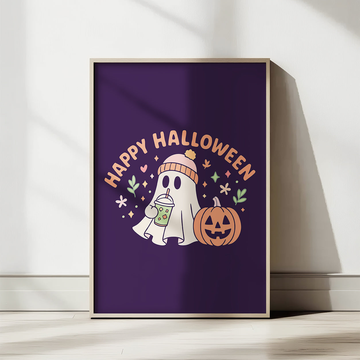 Happy Halloween, Cute Ghost Drinking Coffee PNG SVG Design