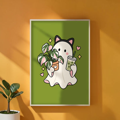 Kitty Ghost with Iced Matcha & Philodendron PNG SVG