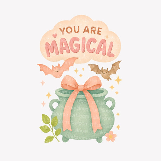 You Are Magical PNG – cute pastel Halloween cauldron printable with bow, bats, and sparkles. Perfect for shirts, mugs, tote bags, and wall art.