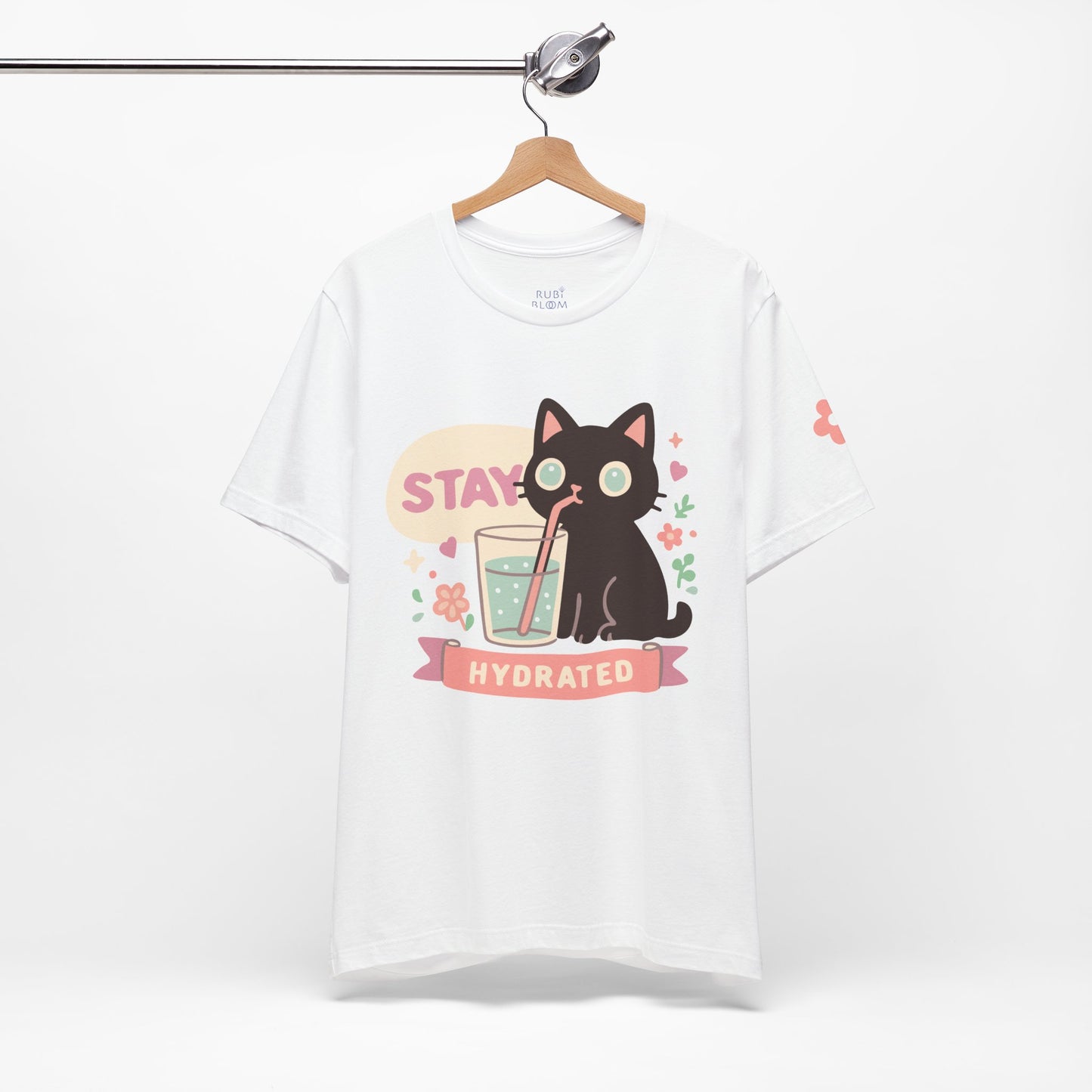 White “Stay Hydrated” kawaii cat shirt — soft cotton pastel tee with dreamy design, perfect for everyday outfits, journaling, or coffee dates.