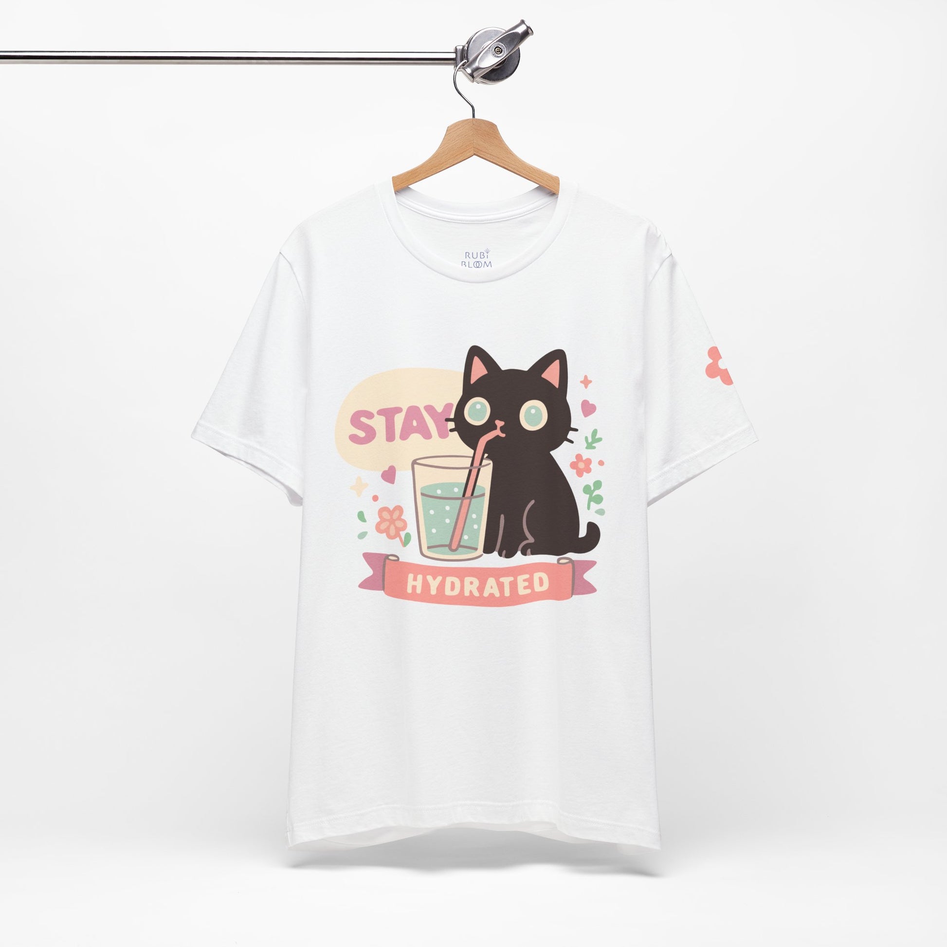 White “Stay Hydrated” kawaii cat shirt — soft cotton pastel tee with dreamy design, perfect for everyday outfits, journaling, or coffee dates.