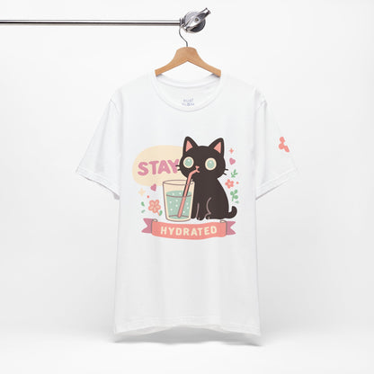 White “Stay Hydrated” kawaii cat shirt — soft cotton pastel tee with dreamy design, perfect for everyday outfits, journaling, or coffee dates.
