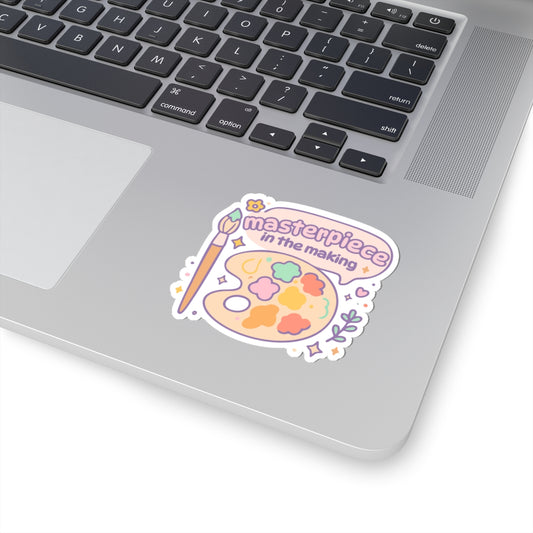 Small 3x3 inch Masterpiece in the Making vinyl sticker on laptop, waterproof pastel artist palette design, perfect for decorating journals, sketchbooks, or tech.
