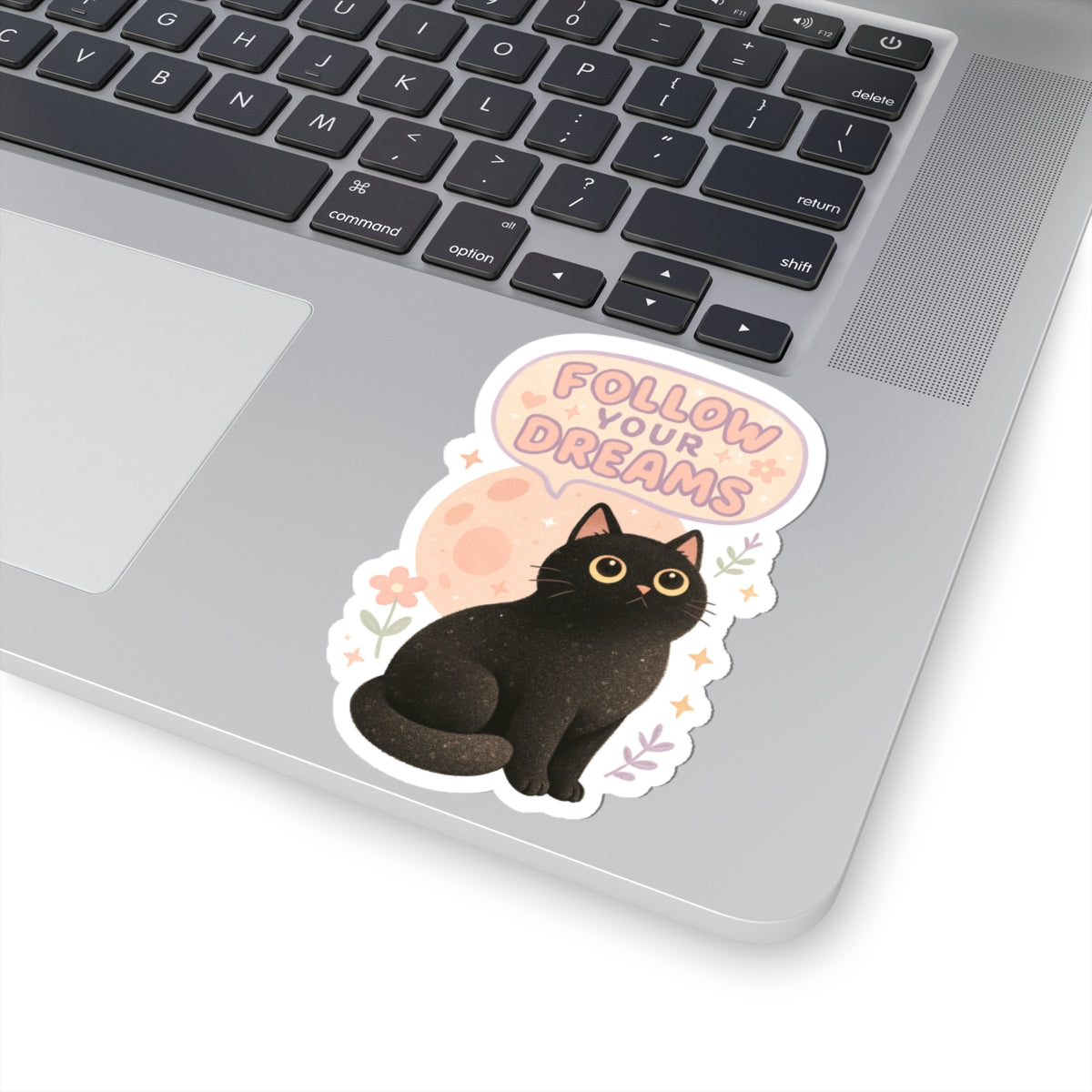 Black cat laptop sticker – cute vinyl decal with pastel moon background and inspirational “Follow Your Dreams” message. Perfect gift for cat lovers.