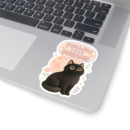 Black cat laptop sticker – cute vinyl decal with pastel moon background and inspirational “Follow Your Dreams” message. Perfect gift for cat lovers.