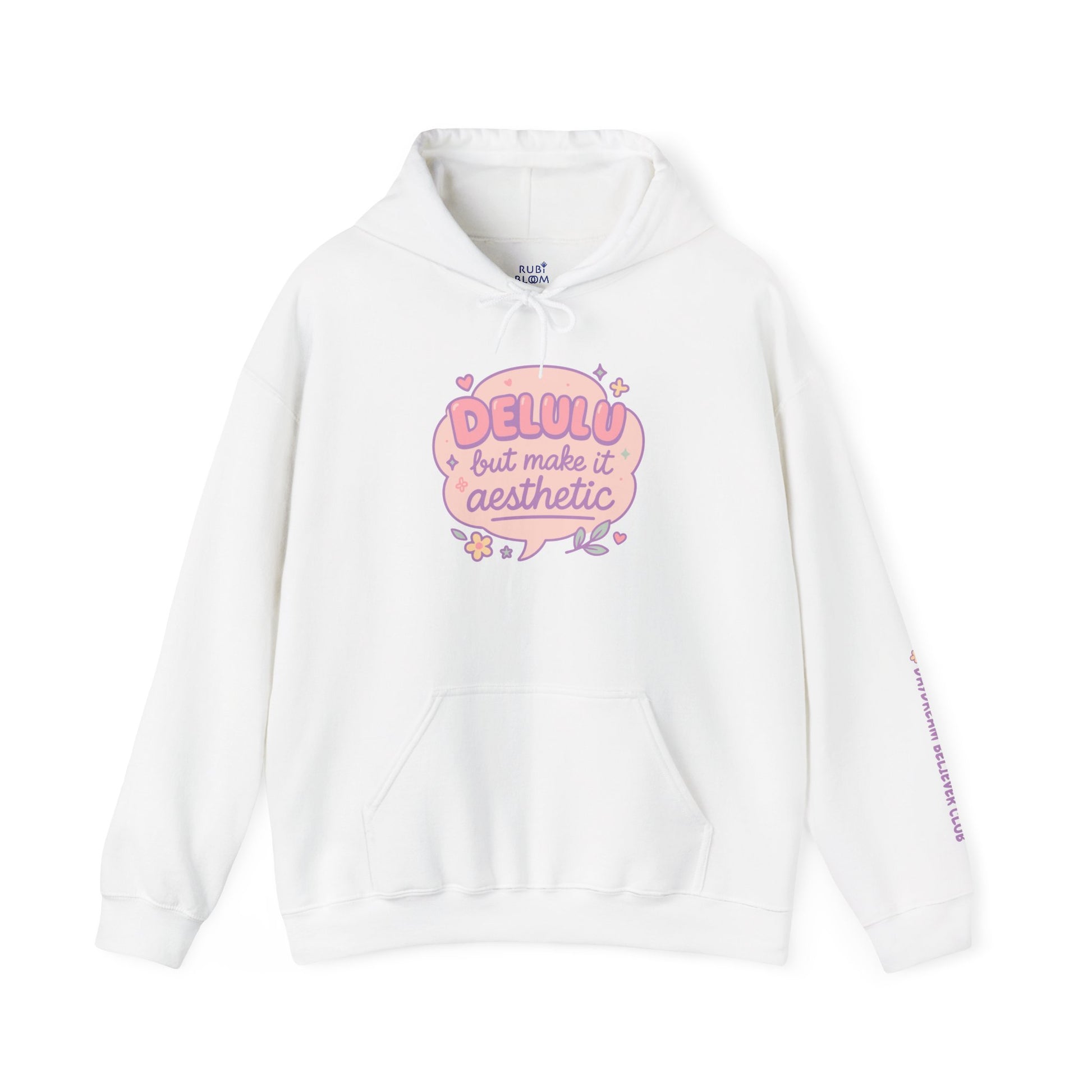 White “Delulu but make it aesthetic” hoodie flat lay by RubiBloom — pastel quote design, lightweight cotton blend sweatshirt for cozy mornings and everyday aesthetic vibes.
