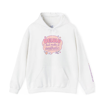 White “Delulu but make it aesthetic” hoodie flat lay by RubiBloom — pastel quote design, lightweight cotton blend sweatshirt for cozy mornings and everyday aesthetic vibes.