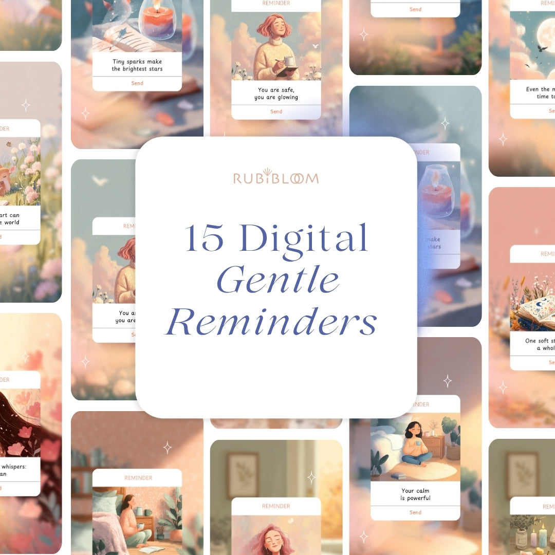 Self-Care Affirmation Set – 15 digital gentle reminders. Cozy affirmation cards and wallpapers for phone, pastel aesthetic, inspirational self-care pack.