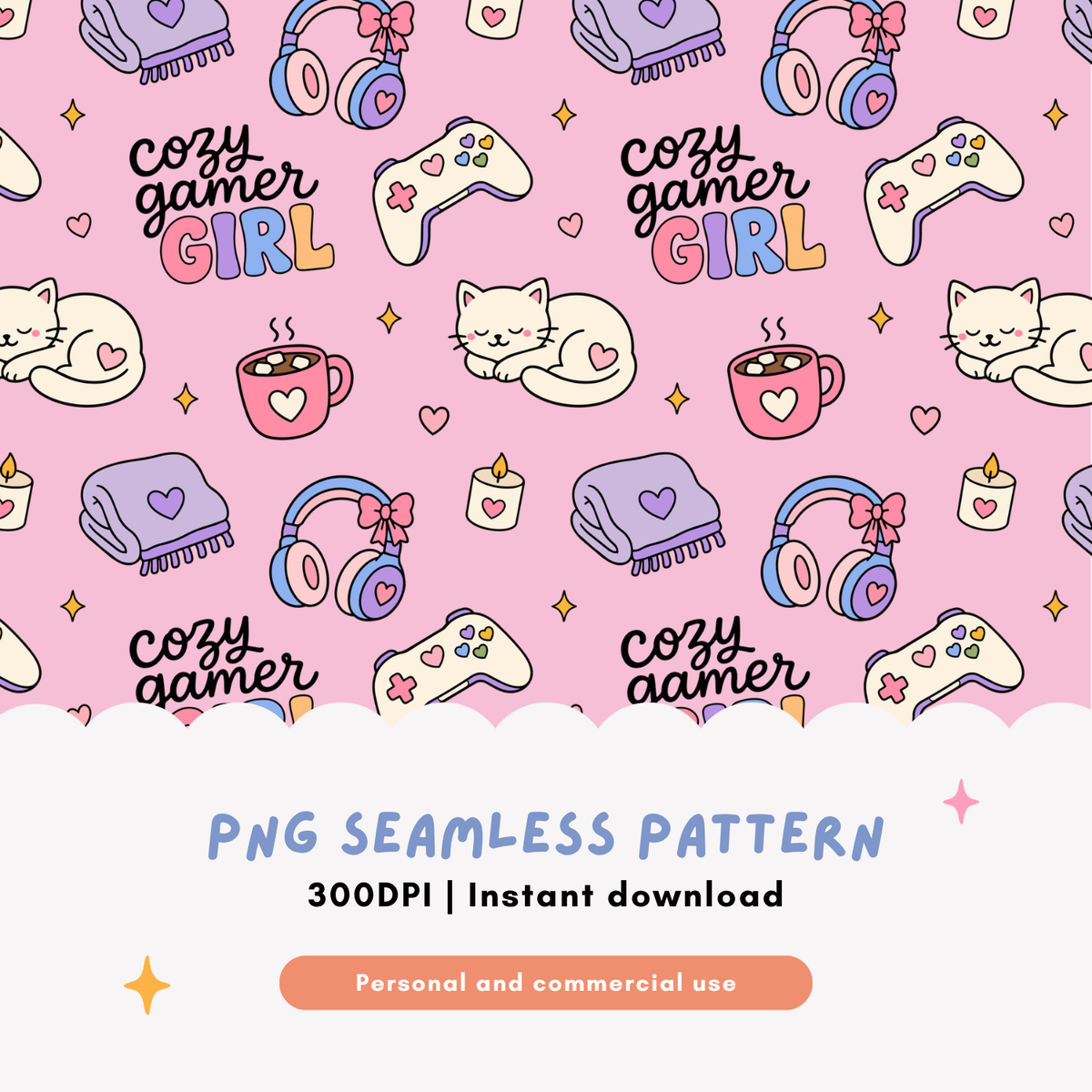 Cozy Gamer Girl Seamless Pattern PNG