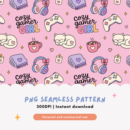 Cozy Gamer Girl Seamless Pattern PNG