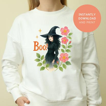 Halloween Witch with Flowers & “Boo!” – PNG Printable