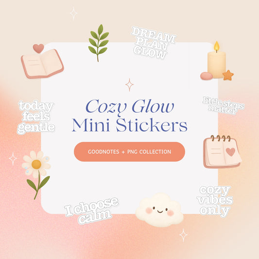Cozy Glow Mini Stickers — a dreamy digital sticker pack for GoodNotes and PNG, featuring cozy illustrations like a candle, flower, cloud, and gentle affirmation quotes. Perfect for planners, journaling, and creating a calm aesthetic.