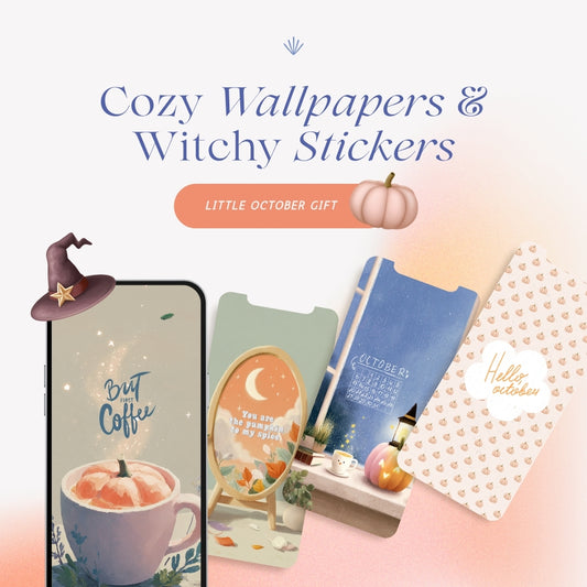 October Freebie Pack – Cozy Wallpapers and Witchy Stickers. Free digital download with autumn phone backgrounds and cute Halloween PNG stickers.